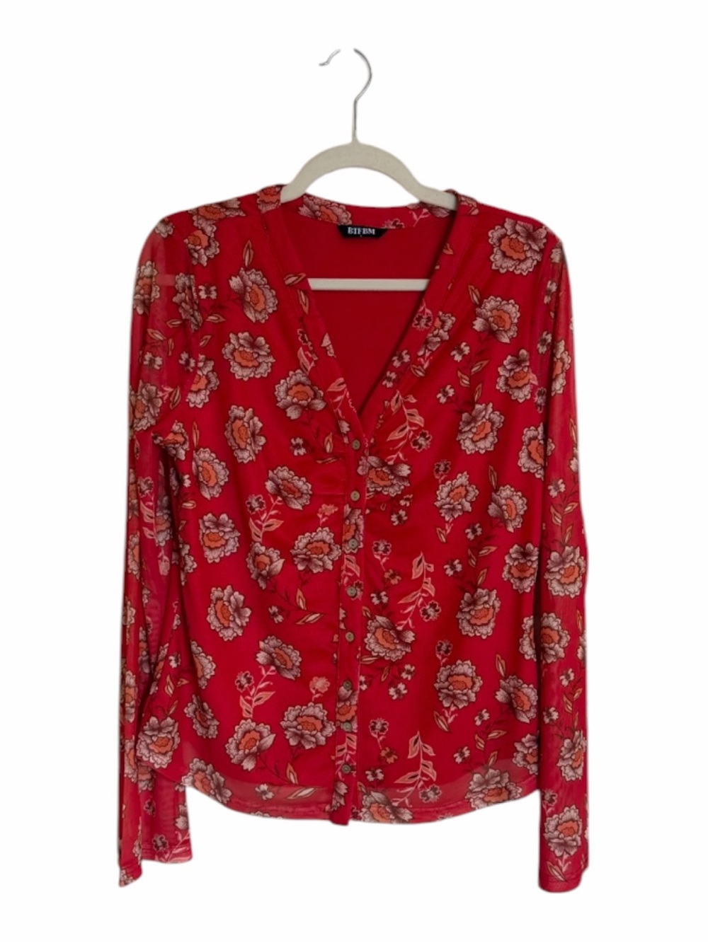 Red Floral Button-Front Long Sleeve Top